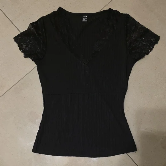 SHEIN Black Lace V-Neck Blouse - Picture 1 of 4